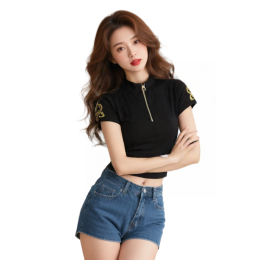 【Designed black stand collar zipper short sleeve women's polo shirt】|Black waist main color|High stand collar design|Gold zipper decoration|Short sleeve style|Gold embroidery pattern on sleeve|Stand collar zipper Polo Company P1839 【Designed black stand collar zipper short sleeve women's polo shirt】|Black waist main color|High stand collar design|Gold zipper decoration|Short sleeve style|Gold embroidery pattern on sleeve|Stand collar zipper Polo Company P1839